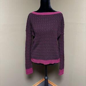 Ann Taylor Loft Black and Burgundy Knit Pull On Crewneck See-Through Sweater M